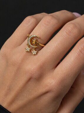 Gold Moon Star Ring Adjustable Celestial Crystal Dangle Minimal Luxury Aesthetic
